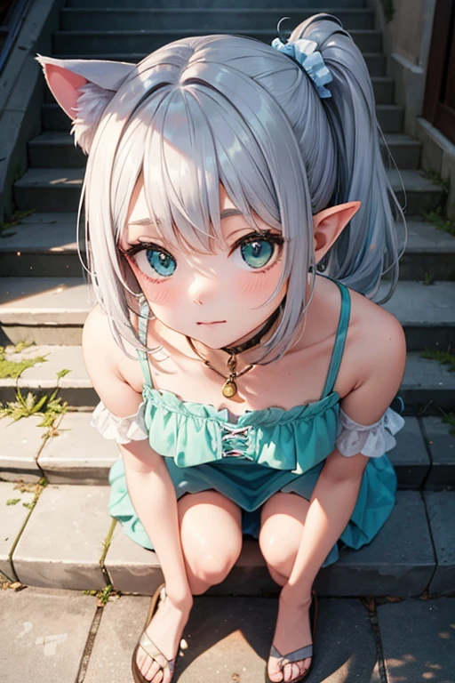 cute anime girl. Her face is round. elf ears.    His eyes were large   , light green and slightly slanted. Her hairstyle is a side ponytail. Her ponytail is braided.. Her eyebrows are cut at an angle.    Her hair is a bright silver color  .. side ponytail with an amber shackle. She wears a beautiful dress with light green ruffles. Place: Staircase of a narrow alley in a beautiful European city. There is a panoramic view of the city from the stairs. A cute calico cat is next to her.  She is crouched    . Try to take a photo in selfie mode. angle from above. The audience is standing watching to take pictures of the girl and the cat, The girl and the cat appear on the smartphone screen. 