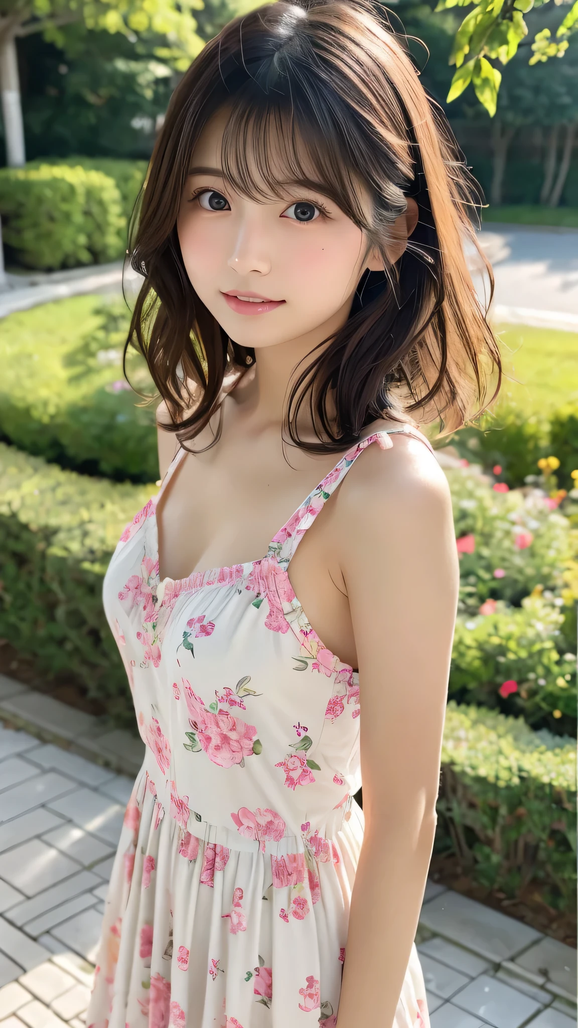 masterpiece, highest quality, High resolution, amazingly beautiful woman,21 years old,one beautiful girl,garden,Shoulder-length brown hair,Pose in front of the camera, floral pattern dress,small breasts, natural color lips, smile,