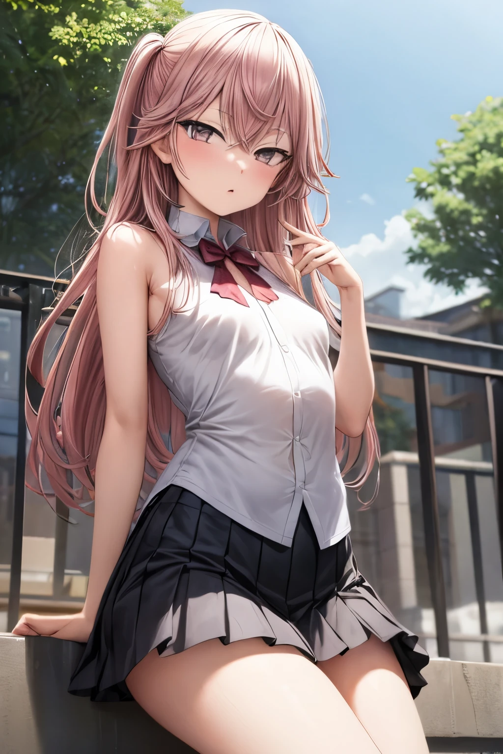 ((best quality)), ((masterpiece)), (detailed), Sajuna Inui, looking at viewer, small breasts, long hair, pink hair, skirt
