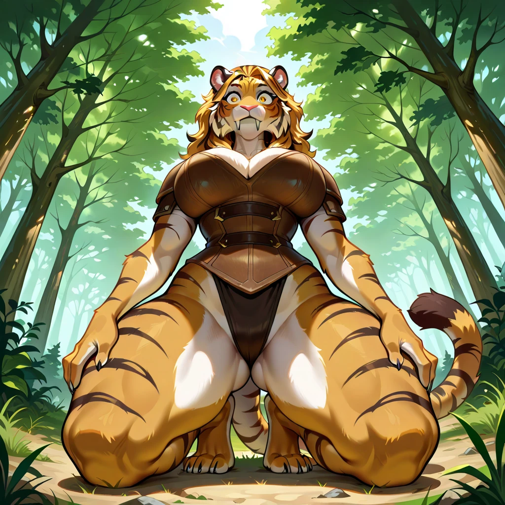 Amazonian, skimpy bikini, female, giantess, forest, extremely giant muscles, extremely ginormous bulge, extremely large breasts, unrealistic body size, wide body, lioness, dominant, licking lips, standing
