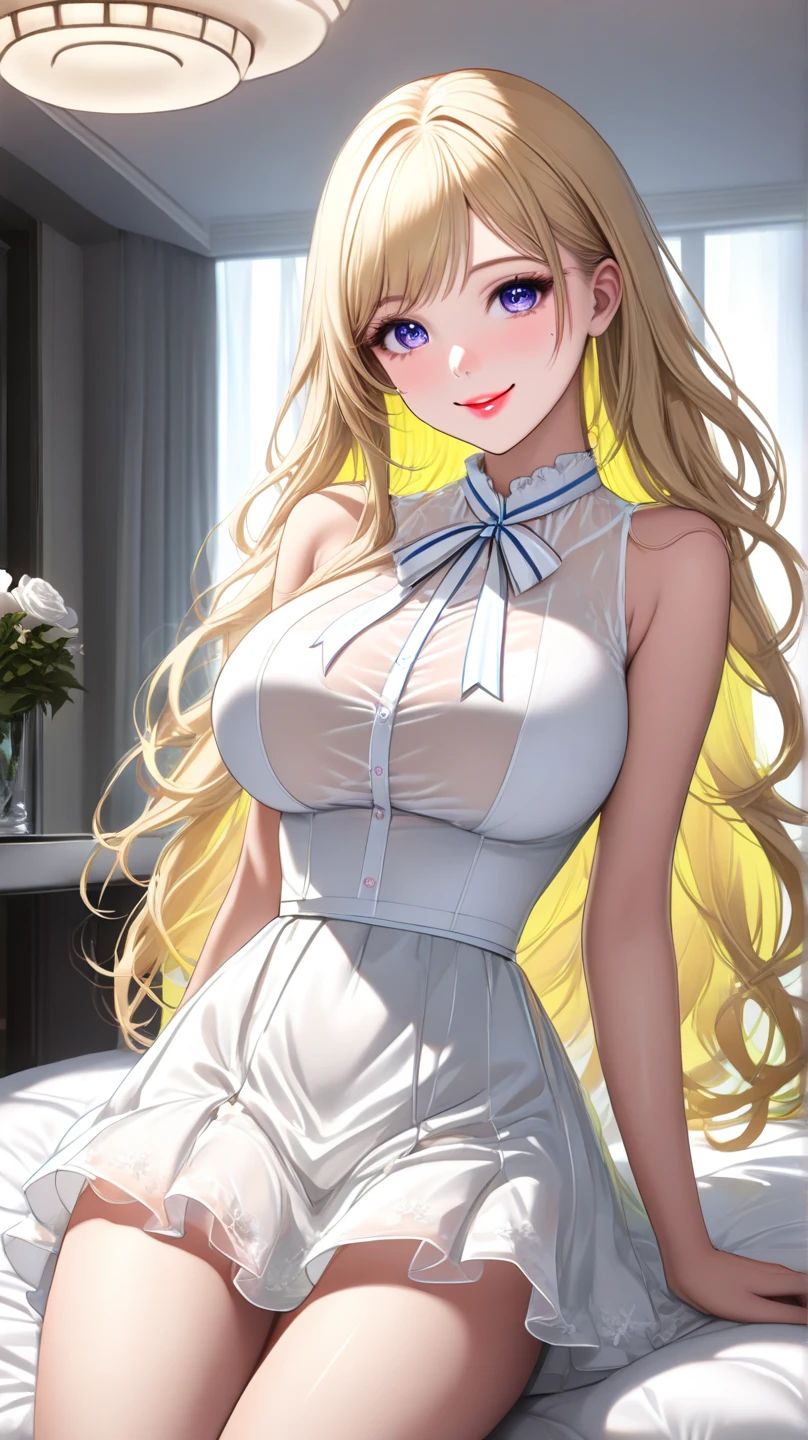 (1girl,20 years old,mature female),blonde hair,long hair,white dress, sleeveless, bow tie, bare shoulders,smile,cleavage,pantyhose,((white background)), aesthetic, detailed, beautiful color amazing quality, best quality, high quality