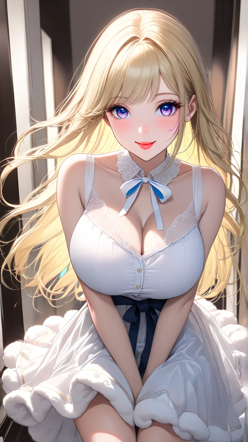 (((Ultra High Definition))), (((Full HD quality))), (((Max Masterpiece))), (((High Quality))), (((super detailed description:1.3))), (((16k))), (((solo:1.5))), (((Delicately drawn luster々blonde long straight hair:1.3))), (((IQ180 Neat, Smart, and Charming French Beautiful Virgin:1.5))), (((Sharp Small Face Unique to French White Beautiful Girls:1.3))), (((Clear Nose Streaks Unique to French White Beautiful Girls:1.3))), (((high and beautiful nose:1.3))), (((Clicking and Slightly Flattering Eyes:1.3))), (((Long and cute lashes:1.3))), (((She Became Slender and Curvy:1.3))), (((Europe's cutest and luxurious pure white see-through ribbon blouse skirt formal plain clothes:1.3))), (((Smooth and firm skin:1.5))), (((Supple Skin:1.5))), (((Perfect reproduction of the fluffiness of :1.5))), (((Real skin shadows:1.3))), (((The pheromone is so strong that she is there and she just has a charming smile to raise her lips, and it creates a sweet vibe:1.3))), (((Change her to cute clothes with big round breasts:1.3))), (((The aura of sex appeal surrounding her has increased 100 times, and a sweet colored aura begins to drift around her, and she tilts her neck in a cute way:1.3))), (((Neon Color Contacts that Shine in Clear Colors of French White Beautiful Girls:1.3))), (((It was finally evolved into a beautiful French girl with cute, fine skin in a romantic atmosphere at a high-rise hotel:1.5)))