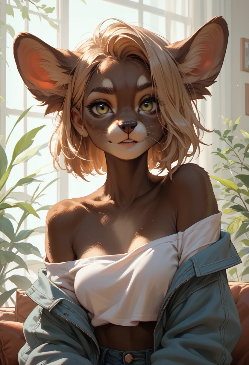 brown bunny, female bunny, slightly fluffy body, two ears, short hair, toned belly, neck fluff, anthro rabbit, humanoid body, brown hair, green eyes, clothed