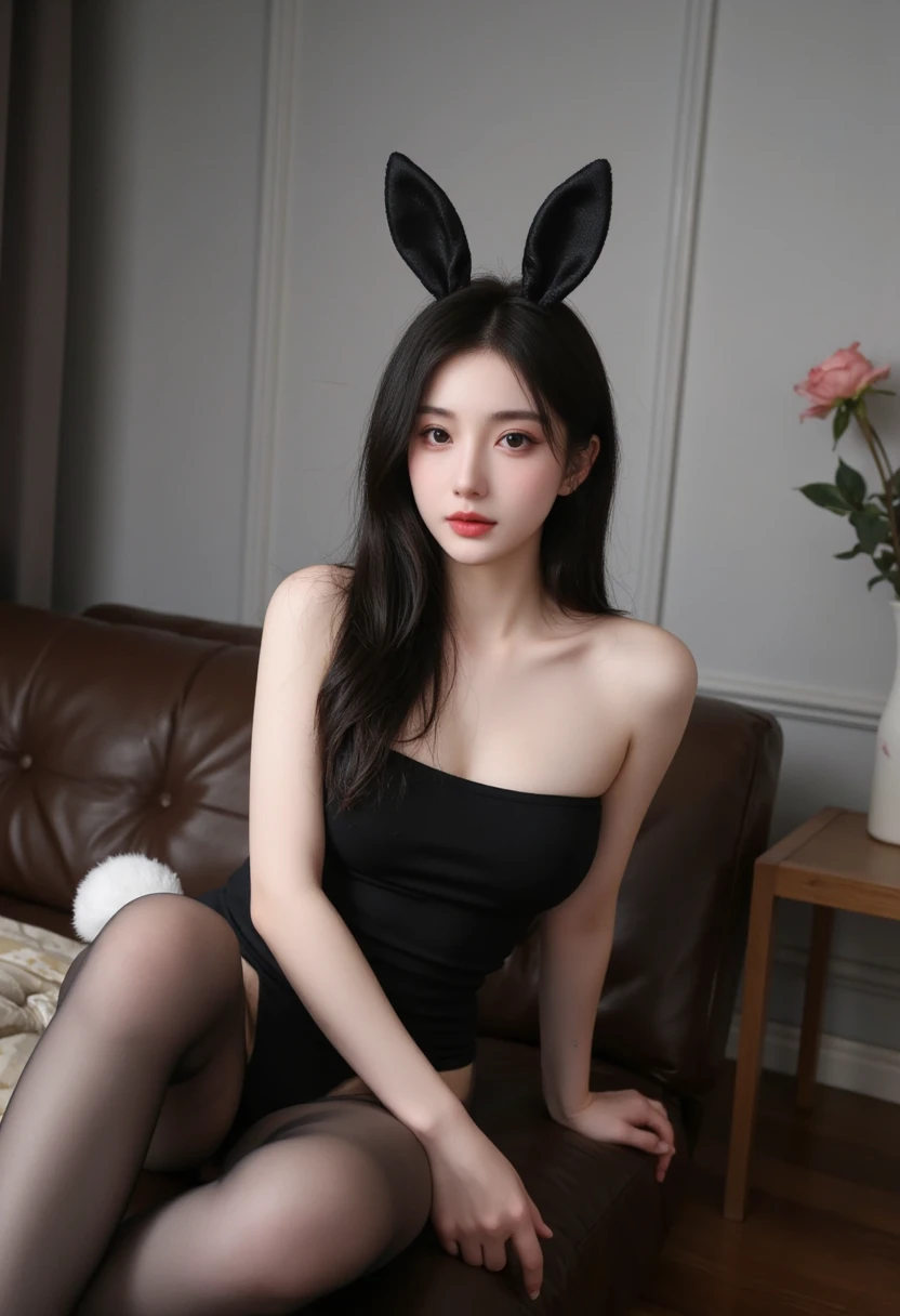 20 Years Old Cute Korean，Black premium pantyhose，Sexy bunny girl costume，Black rabbit ears，beautiful eyes in detail，eyeslashes，beautiful double eyelid，eye shadows，dropping eyes，（Elongated eyes：1.2，Narrow eyes：1.1），Perfect eye makeup，（（（seduct smile，Quiza exterior，Evil expression））（kneeling on a bed）