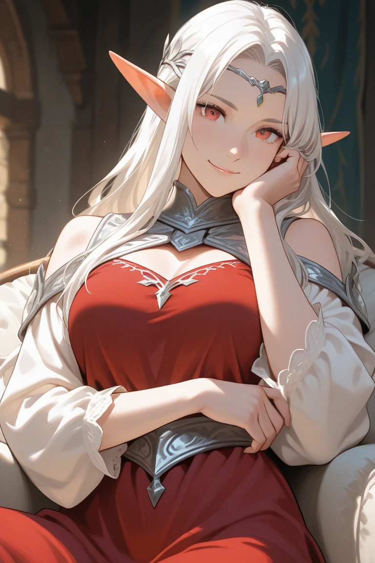 Highest quality、super high quality、16K, Delicious breasts、topless、Facial expressions are random、Location: Fantasy Village、 Hair color is silver hair、The pose is random、The distance is random、The angle is from the side、Small face、Very delicate facial expressions、Delicate eye depiction、Highly detailed hair、Erotic、18-year-old female、Glowing Skin、Soft Skin、Only Sexy Elf Women、The clothes are elven clothes and red clothes.、1 female