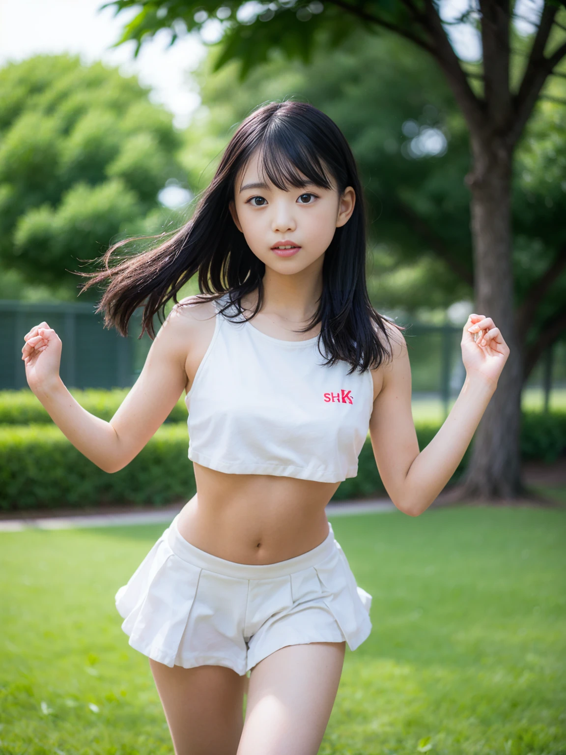 (masterpiece, highest quality:1.4), Award-winning portraits, 8k, 85mm, alone, Beautiful Face, Delicate girl, (Cheerleader、On the grass), Sophisticated, cute, , RAW Photos, Confused, High resolution, Sharp focus, Background Blur、(((flat 、thin and delicate body、Childish atmosphere)))、shiny semi-long hair、ponytail、Mole on the left cheek、 Dark blue eyes、the skirt is swaying in the wind、Hair swaying in the wind、sexy、flexible legs