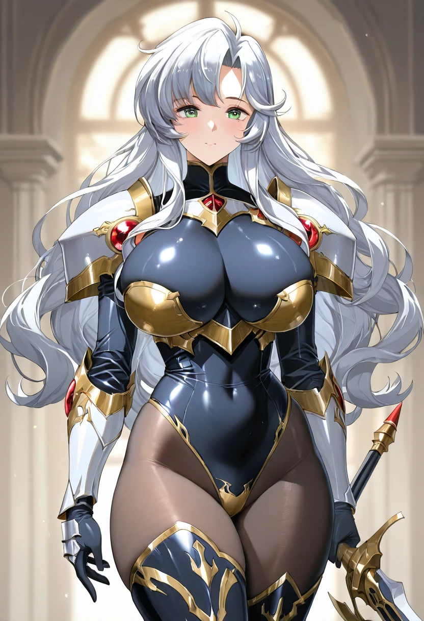 extremely long hair , ponytail, perfect anatomy 1 girl tall solo, slim thick, ((muscular)) high elf toned body, silver breast plate, blue cape, slendered abs, hourglass waist, detailed face, defined cheekbones, puffy lips, gauntlets, gold crown, shadow over eyes, looking at viewer, masterpiece, white thigh highs lingerie, high heels, clair pokemon