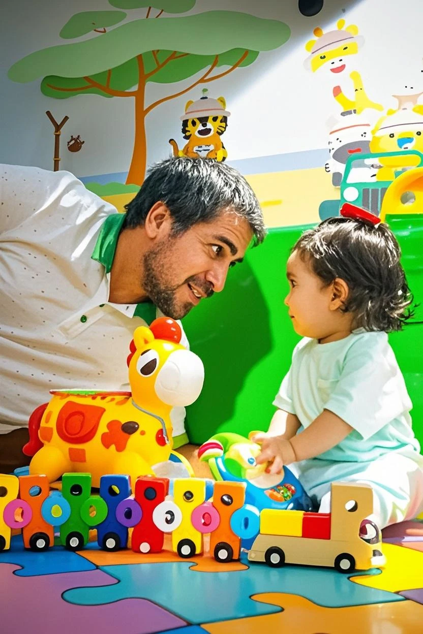 a dad giving toys to his son