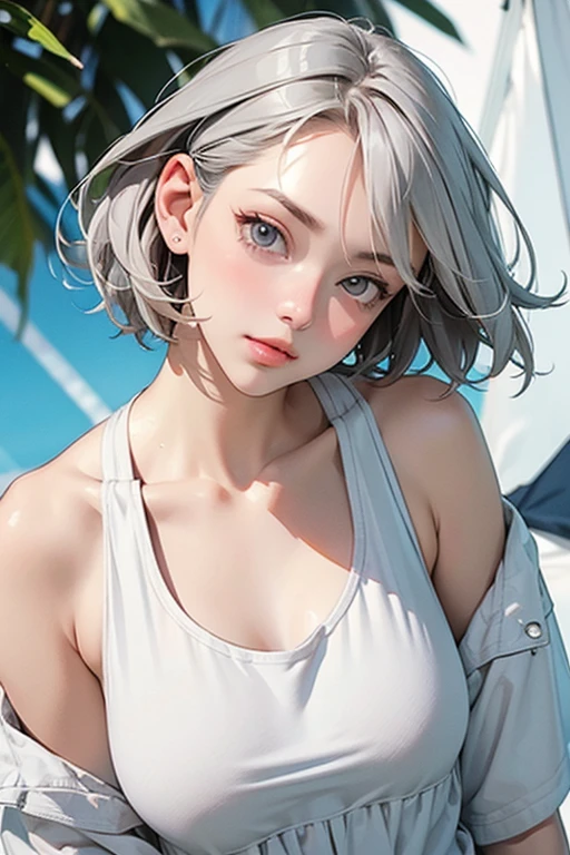 chibi,sam yang,1girl,backlighting,bare shoulders,black choker,blue eyes,black bikini,swimming,blush,breasts,short hair,choker,cleavage,closed mouth,golden earring,collarbone,earrings,forehead,freckles,hair over shoulder,jewelry,long hair,looking at viewer,pointy nose,red lips,shadow,solo,thick eyebrows,thick eyelashes,upper body,white hair,((masterpiece)),<lora:sam_yang_offset_right_filesize:0.7>,