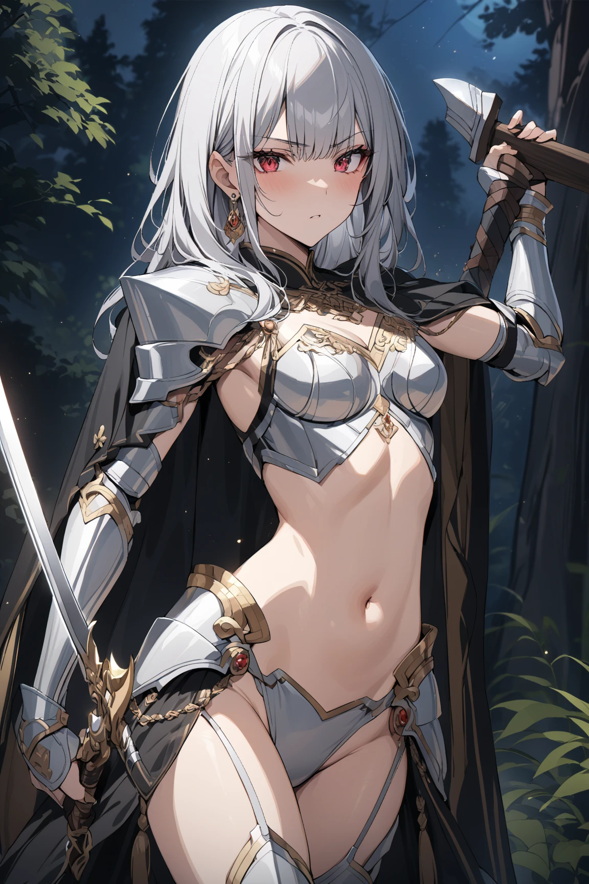魔弾の王とSenki, Eleonora Virtalia, silver hair, red eyes, 長sword, Senki, 長sword, confident, smile, belly button, girl, big breasts, Queen, bullying, There's blood on my body, blood on armor, Blood in the belly button, blood in the stomach, There's blood on my chest, provocation, expensive, long sword, slashing sword, splattered blood, expensive, belly buttonに血 ,blood in the stomach, gun, knife, sword, war, underwear, kill, Miscellaneous soldiers, cut off the head, shot from below, sensual, There's blood on my chest, smile