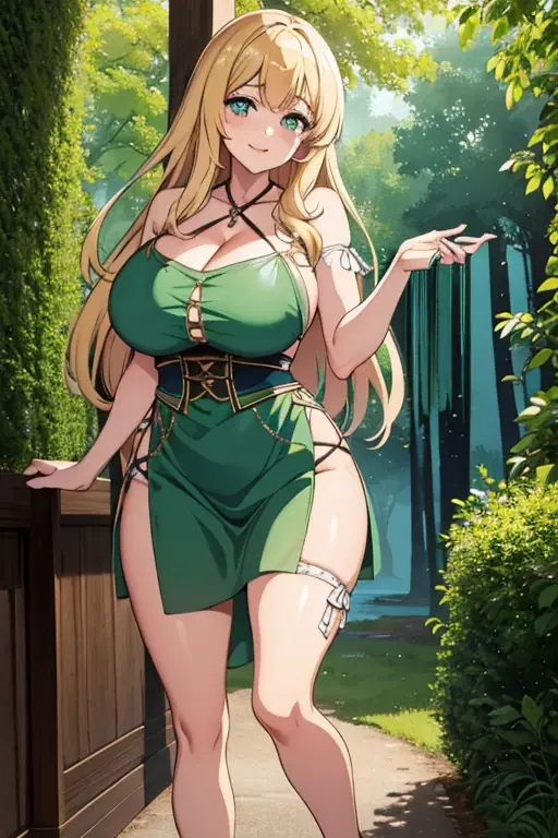 (masterpiece, best quality, ultra-detailed, high resolution, detailed eyes), nsfw, {vulgar}, takeda hiromitsu style, (1 mature female), elf, long straight hair, blonde hair, curvy body, green clothes, forest, cowboy shot, pov
