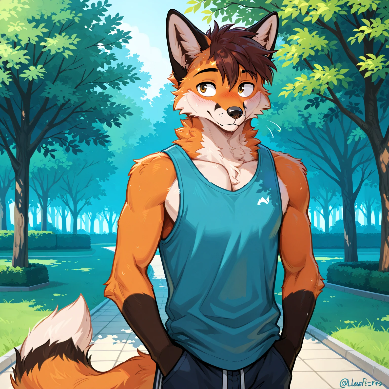 ((Best quality, masterpiece, detailed anatomy, detailed eyes, detailed hands, perfect lighting, perfect shading.)), by Buta99, by SpiritD, 1male, Wolf, brown furs, tight body, dark brown eyes, skinny body, young body, wet black hoodie crop top, black jogger, black boots, smile, show sharp teeth, tired eyes, inside the lake, swimming, on the lake