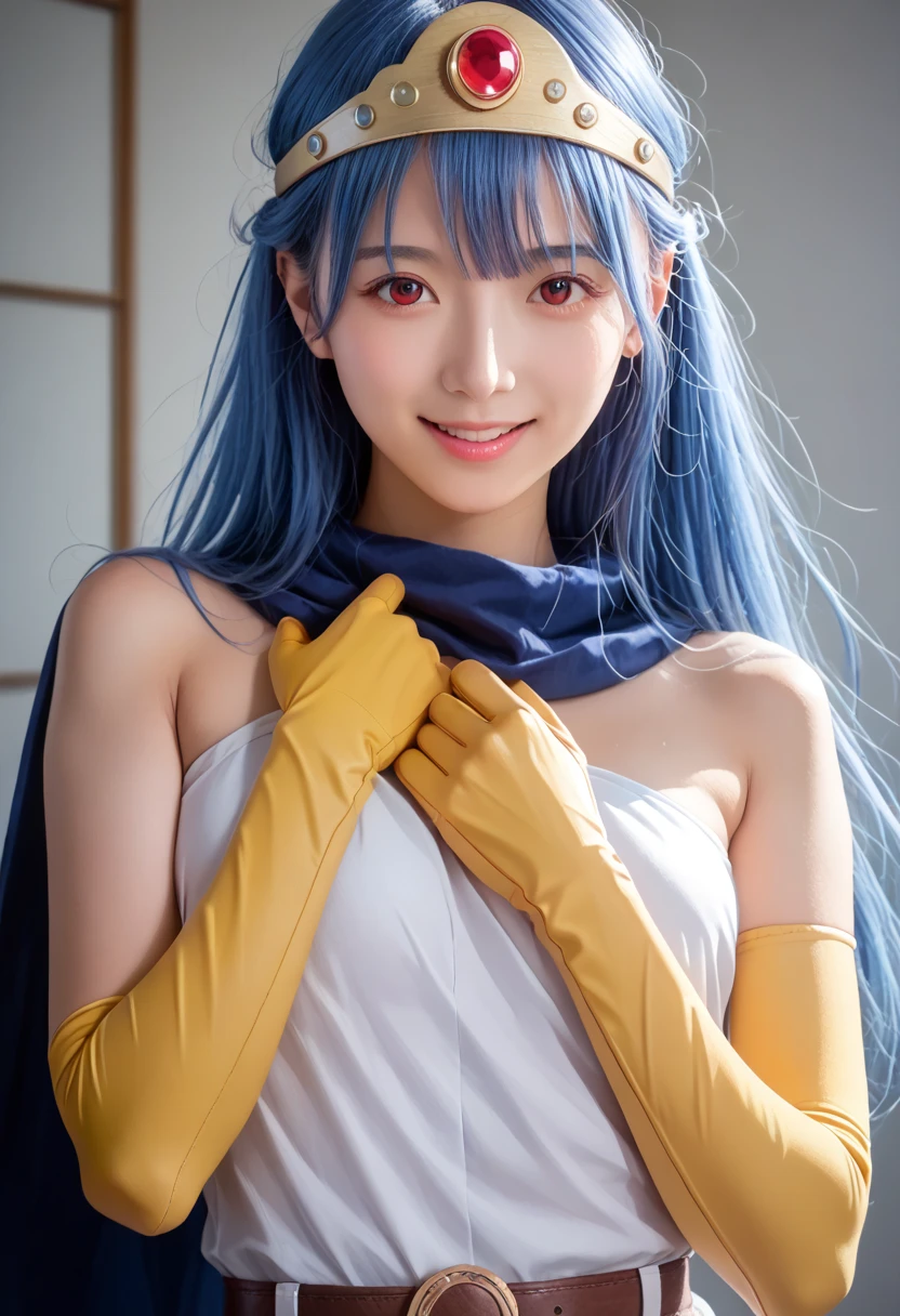 masterpiece、Sage of Dragon Quest III,1 beautiful girl、fine eyes、smile、puffy eyes、highest quality, 超High resolution, (reality: 1.4), movie lighting、super beautiful、beautiful skin、body facing forward、close up of face、upper body close-up,(超reality的な)、(High resolution)、(8k)、(very detailed)、(美しくfine eyes)、(Super detailed)、 (wall-)、detailed face、bright lighting、professional lighting、looking at the viewer、look straight ahead、slanted bangs、Bright light blue hair、Nogizaka Idol、20-year-old､masterpiece, highest quality, Super detailed, shape, sage_(DQ3),long hair, blue hair, circlet, red eyes,small breasts, yellow gloves, white dress, belt, cape, boots,(8k, RAW photo, highest quality, masterpiece: 1.2), (reality的な, photoreality的な: 1.37),, (((rain wet,water wet, wet body : 1.2)), shiny skin, sexy pose, sexy look, eye contact with camera