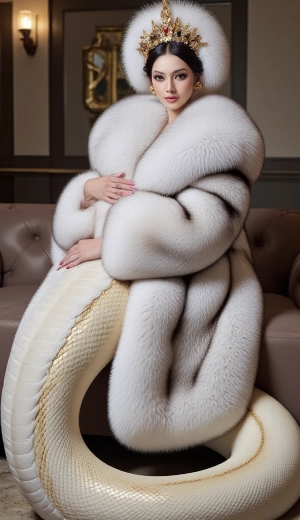 Very wide、Very thick, white mink fur coat, Thickness 50 cm, fluffy, nature, Thick white mink fur collar, 3 floors、Russian beautiful girl、High ponytail、Large Breasts、Squat down and spread your legs
