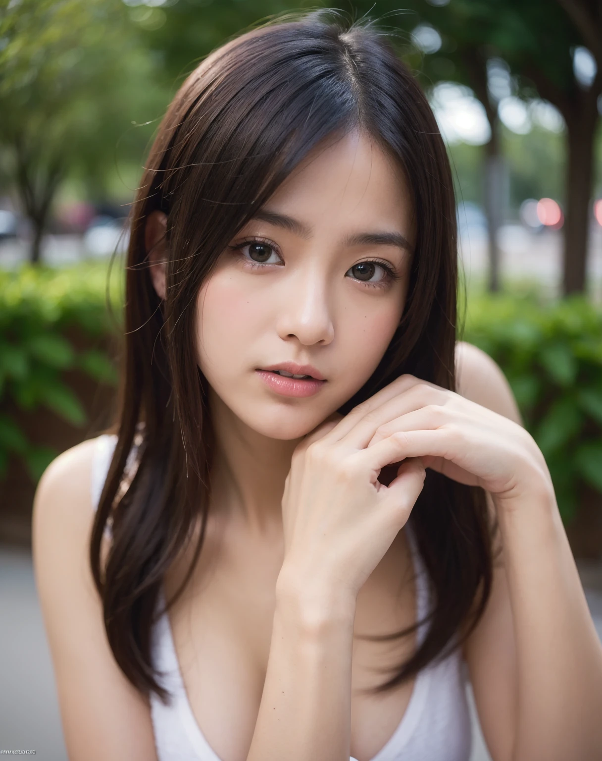 (Raw photo, Best Quality), (Realistic, Photorealsitic:1.3), masutepiece, Extremely delicate and beautiful, Soft light, (Brown hair, Shoulder-length straight hair swaying in the wind), Beautiful detailed girl, (Detailed fingers), extremely detailed eye and face, beautiful detailed nose, Beautiful detailed eyes, 1 girl, Japanese, Neat and clean beauty, Cute, young, dress shirts, Pants, (Half body:1.3), (medium breasts), Realistic face, Realistic body,