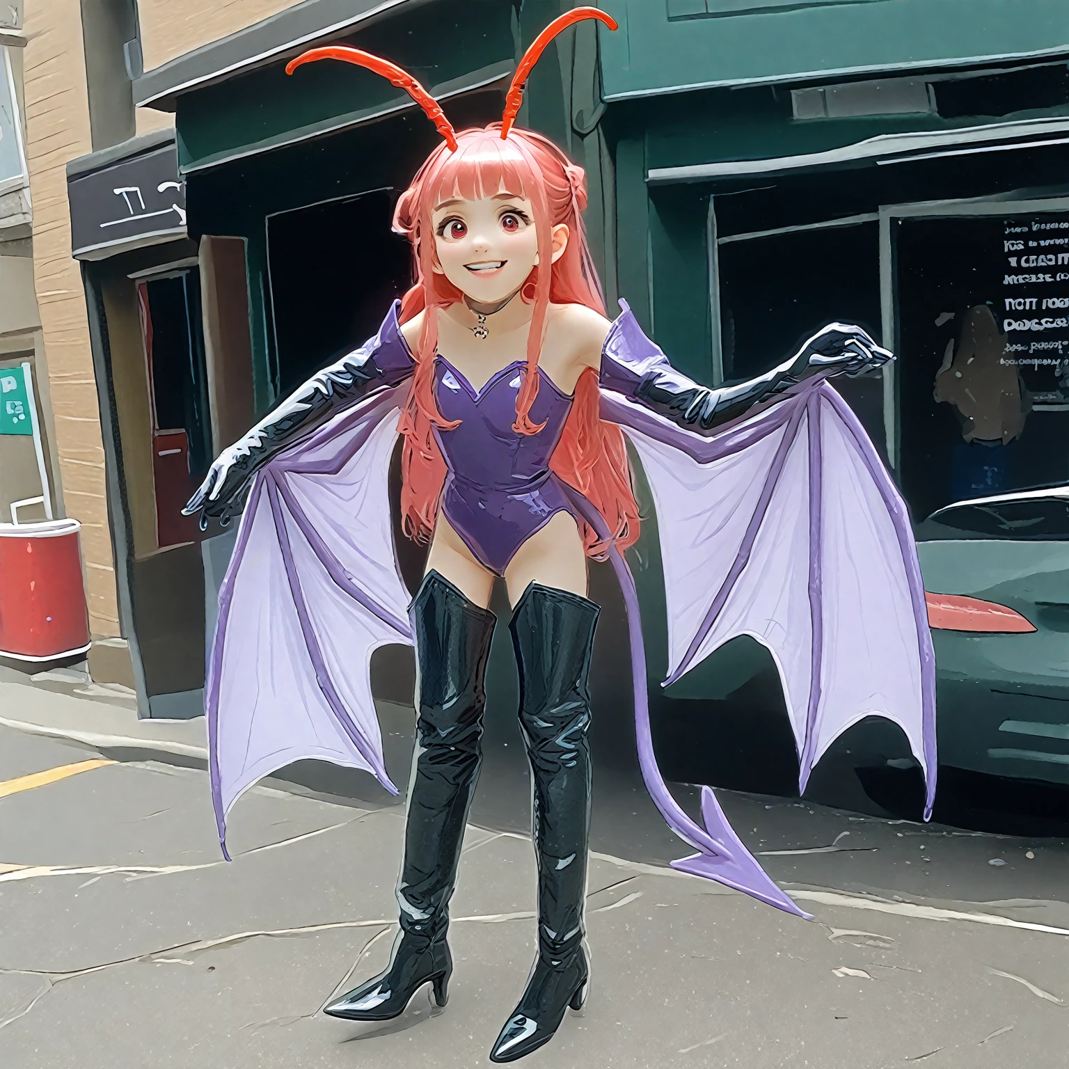 girl with octopus tentacles, short purple hair, beautiful emerald green eyes, closed mouth, exciting pose, smile, full body, unique costume with tentacles, looking forward, deep sea background, black and purple theme, playful and cheerful expression, black and purple costume with tentacles, lively design,