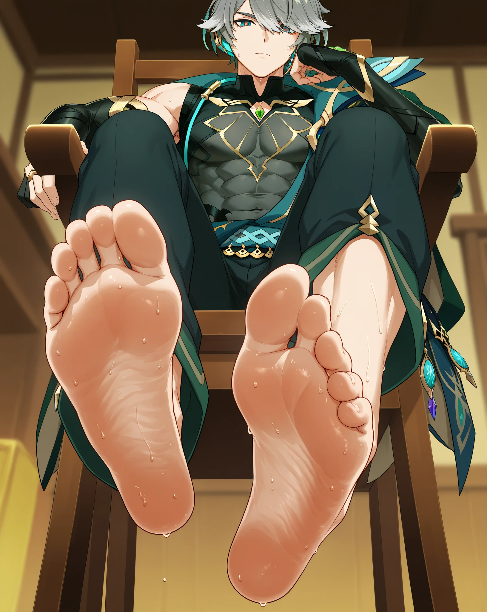 Anime - a stylistic image of a man sitting on a bed with white hair and green clothes, Keqing from Genshin Impact, zhongli from genshin impact, Genshin, Handsome anime pose, handsome guy in demon killer art, highly detailed exquisite fanart, Beautiful androgynous prince, Delicate androgynous prince, male anime character, relaxed dwarf with white hair