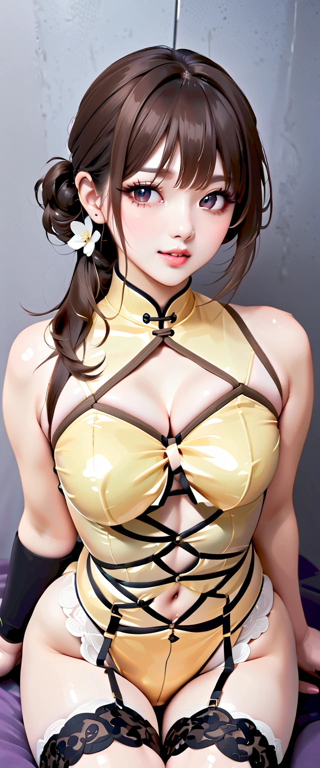 Girl in gold body jewelry, Highly Detailed Face and Skin Textur, Big green eyes, juicy lips, bimbo lips, white skinned, ( brunette hair), paleskin, Detailed eyes, double eyelid, brunette hair, cyberpunk gold metal BDSM, Gold metal cyberpunk tape, metalcollar, Metallic gold futuristic Miklo panties T-line, metal panties, Metal Micro good, metal clothes, Gold jewelry,wetted skin。White skin of the,She is in the spaceship's futuristic cyberpunk white-black room