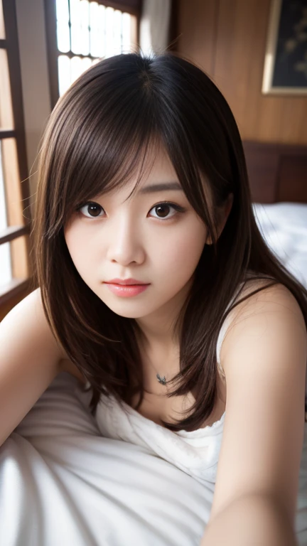 Absolutely wonderful、finely、Photorealistic、Masseter region、Highest quality、High resolution、RAW Photos、Genuine、Bright lighting、Face Light、Smooth Professional Lighting、One Japanese woman、Beautiful Face、Just the right breasts、looking at the camera、Medium Hair 1:3、Bathrobe 1:3、The background is a luxury bed、Lying in bed、Place your hands behind your head.、giggle