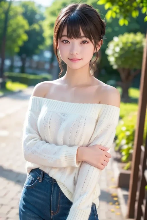 (8K、RAW Photos、Highest quality)、(Realistic、Photorealistic:1.37)、Beautiful and elaborate face、Face Detail Textures、Fine and beautiful skin、Skin Texture、Ultra-high resolution、Beige off-the-shoulder large sweater、Denim mini skirt、Full Body Shot、Beautiful slim legs、Shortcuts、美しいJapanese women、いyoung女性と、Asian、Japanese women、Beautiful Asian Girl Ever、young、Adorable、Ulzzang、cute face of girl、Portrait of a female idol in Japan、Very beautiful girl、Coastal、smile