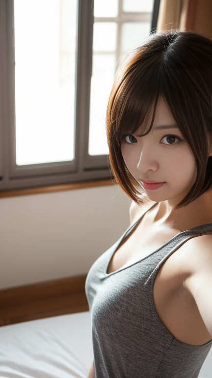 masterpiece、highest quality、High resolution、table top、wallpaper、realistic、bright lighting、professional lighting、face light、smooth lighting、japanese woman、adult woman、Beautiful woman、、modeled、gravure、sexy、super beautiful、beautiful skin、beautiful and detailed eyes、detailed face、slim、Medium chest size～Big 、short hair、brunette colored hair、brown eyes、look at the camera、japanese kimono、Japanese Yukata、In Fair