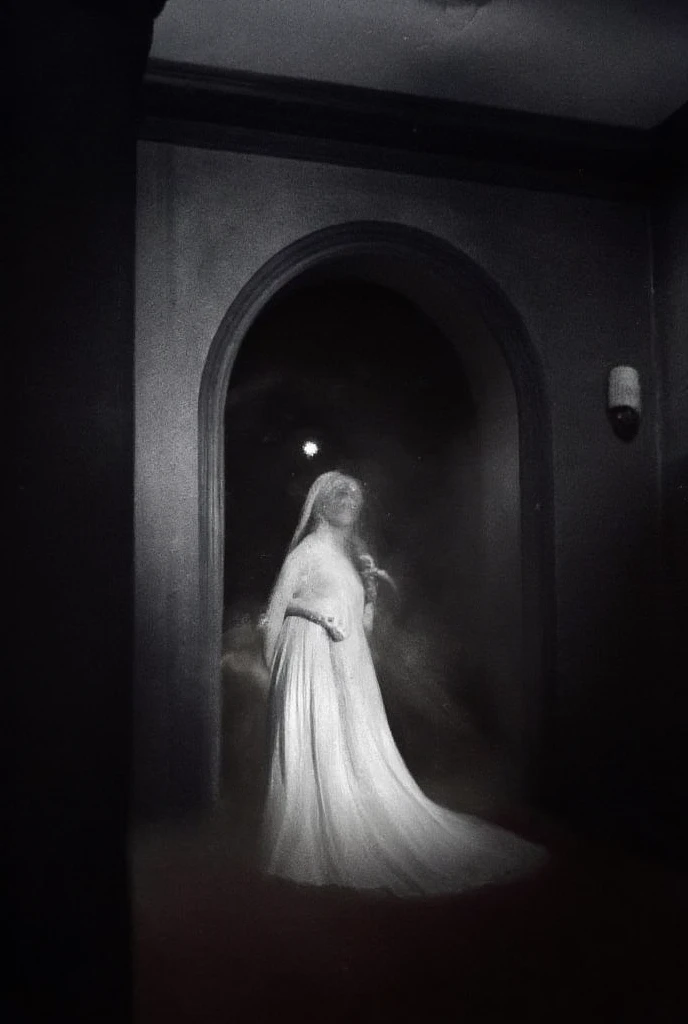 A ghost bride from the 60s with a bloody ax in her hands with her back looking back out of the corner of her eye in a church scene from a horror film, poster At night