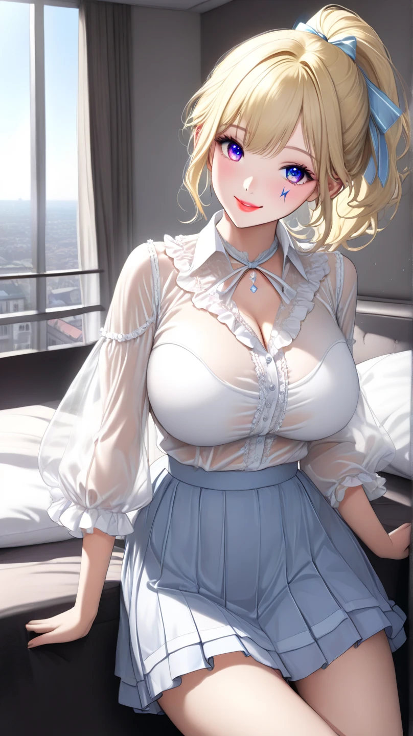 ((masterpiece)), ((best quality)), (ultra-detailed), ((kawaii)), cute, (lovely), ((sexy)), (ero), ((extremely detailed)), 4K, (8K), best quality, (beautiful), in the middle, in the room, luxury bed, night, a pretty woman, solo, underwear, beautiful gold hair, beautiful light blue eyes, ((beautiful eyes)), white-skinned, ponytail,center part, lip, huge breast, garter belt, earrings, necklace, smile,parted lips, blush,standing