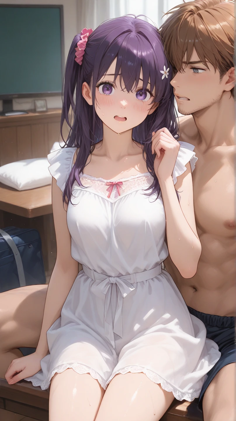 1boy,1girl in、Complete human body、masterpiece, top-quality, hight resolution, 1girl in, Upper body peephole door, Open the door, doorways、beautiful Girl、cute little、Plain white wet oversized loose T-shirt、((Sweat,steam,Lower grade)),Sneaky macho faceless man standing behind a girl and putting his hand on her shoulder、tall dark-skinned man、Middle-aged man in bikini swimsuit、the man grins、man with alcohol、