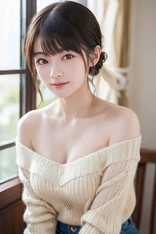 masutepiece, Best Quality,
Ultra-detailed, finely detail, hight resolution, in 8K,
((Photorealsitic:1.4, Raw photography, 超A high resolution,Top image quality: 1.4)),
Wallpaper,
((Composition including perfect whole body)),
Beautiful detailed eyes, Natural Color Lip,
((all-fours:1.2)),
((stick out buttocks)),
(()),
((Random and cute hairstyles)),
((Random and cute poses)),
((Medium chest,cleavage of the breast:1.2)),
((Braless and sheer)),
((A big smile that makes you squint)),
((breastsout、under look eyes、Mole on the arm:0.9)),
((Frontal camera work:1.5)),
((on the bed:1.2)),
((Random and cute clothes)),,
((Bring your chest together with your arms))
very detailed and professional lighting、
(((Loose long knitwear:1.5)))、
Put your shoulders out、
((baretop:1.5、Naked on the chest:1.5))、Sit down and put your hands in front of you、
((thigh visible、I almost see my panties........Unbutton all front of the dress:1.5))、 damage jeans