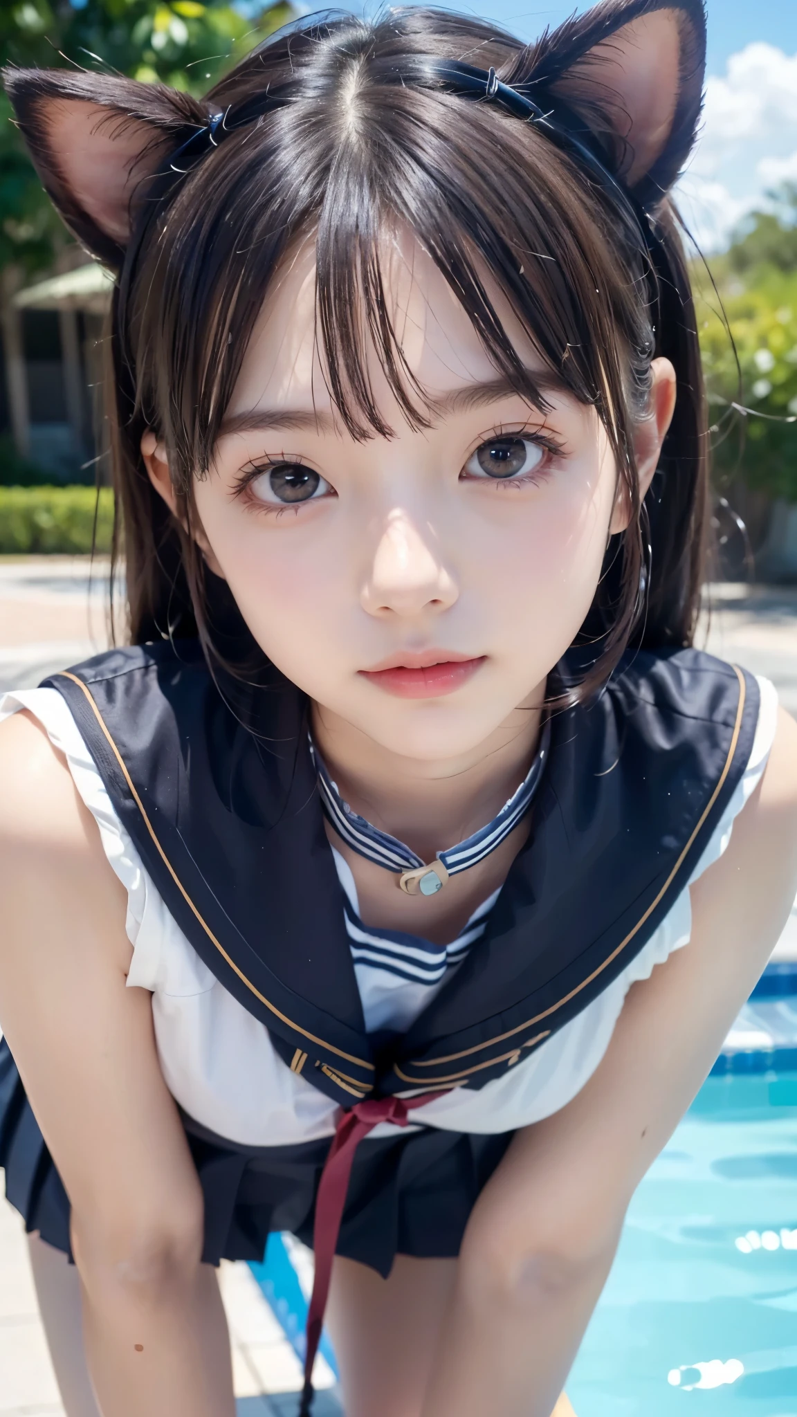 outdoor pool 、 Japanese sailor girl 、 expression staring closely at viewers 、squint、((( outdoor pool )))、in their 40s ((((Close-up face、 face up ))))、in their 40s (( round face、 beautiful skin、 DARK GREEN EYES 、 light blue hair, messy twin tail hair 、Center-parted bangs 、Cat ears、 、 slender gravure idol driving a big motorcycle))、(((beautiful breasts )))、(((sailor collar、 Pleated Skirt )))、( Perfect Anatomy)、 oily skin、((( exists、 portrait)))、(Highest Quality、best quality、Max Masterpiece)、(beautiful small face、cute eyes、High nose、seductive lips)