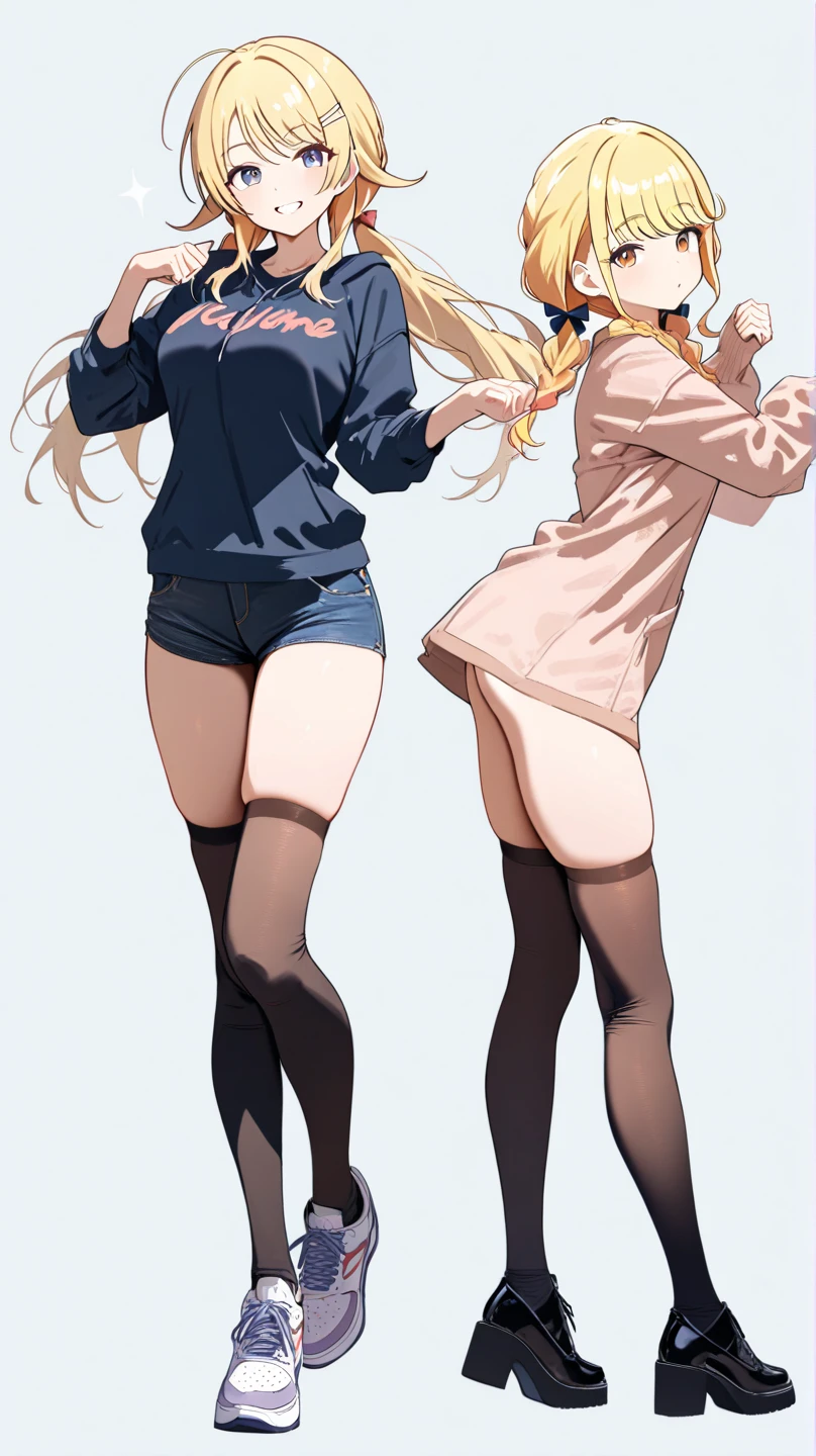 ((2 girls))、(smile:1.5)、Small breasts、（Cowboy Shot）、(fun!!)、(Blonde)、(blush:1.4)、、(single braid)、(Eye highlights:1.3)、blake black shoes,(Black Skirt)、((hoodie:1.5)), Rest indoors, ((classroom:1.5))、 BREAK while watching the audience、(Grab the skirt:1.0)、 (Perfect hands, Perfect Anatomy),Cowboy Shot、(Skirt lift:1.3),(Highly detailed panties:1.3)、(Highly detailed panties:1.3)、、(スカート that rolls up:1.3)、(Full-fledged panties:1.5)、Light blue eyes、