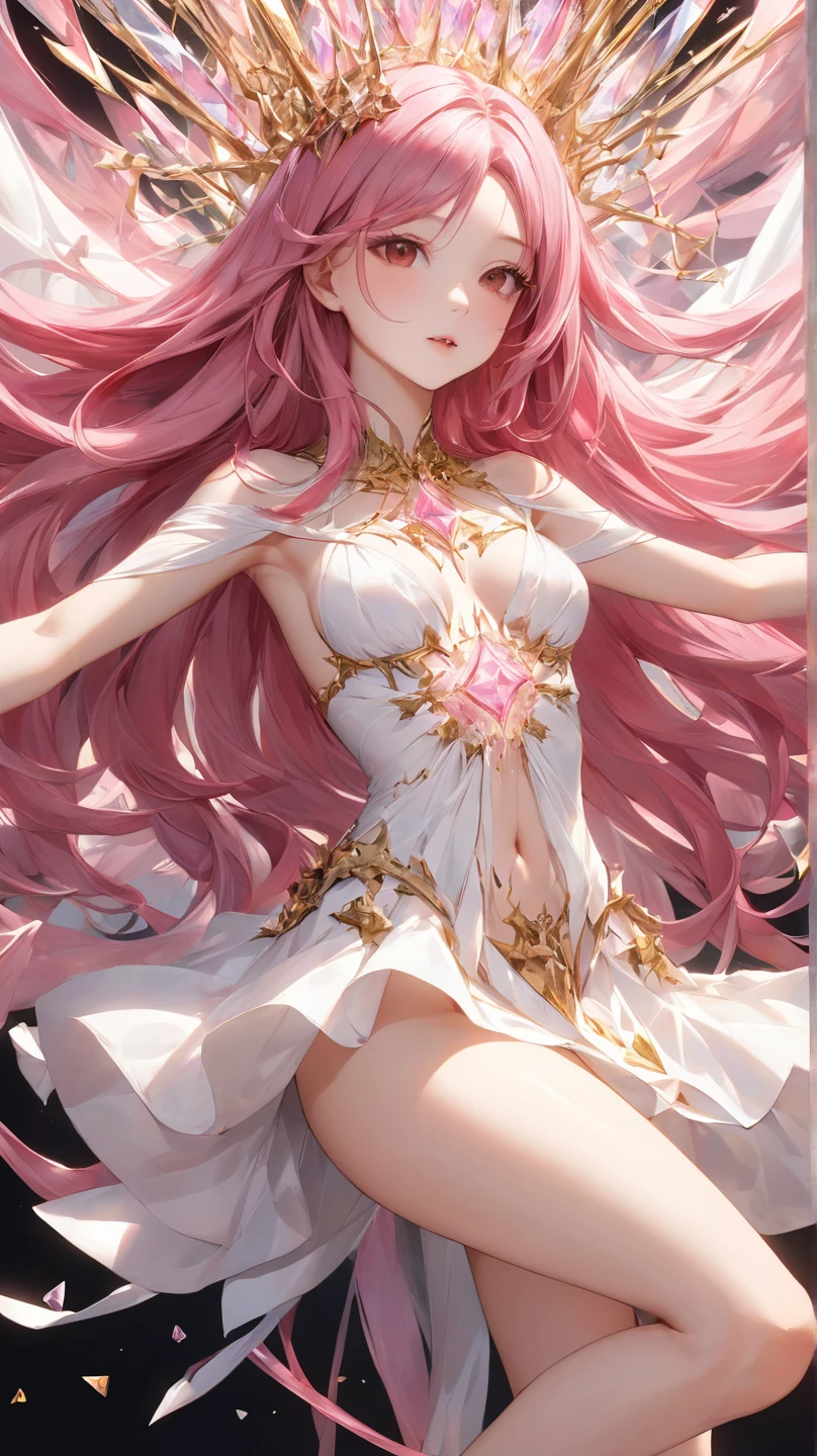 green Eyes、morganite、Pink Gemstone Necklace(((masterpiece))),((Super Detailed,The Highest Quality, HIGH DEFINITION, 8k wallpaper, beautiful Clothes,)) (1 girl)((short haired,straighthair,Two Side Up)) (),eyeshadows, eye liner,glistening eyes, hyper detailed eyes, intricate eyes, beautiful eye, ((glowing pink pupils))24歳、Sorrisos