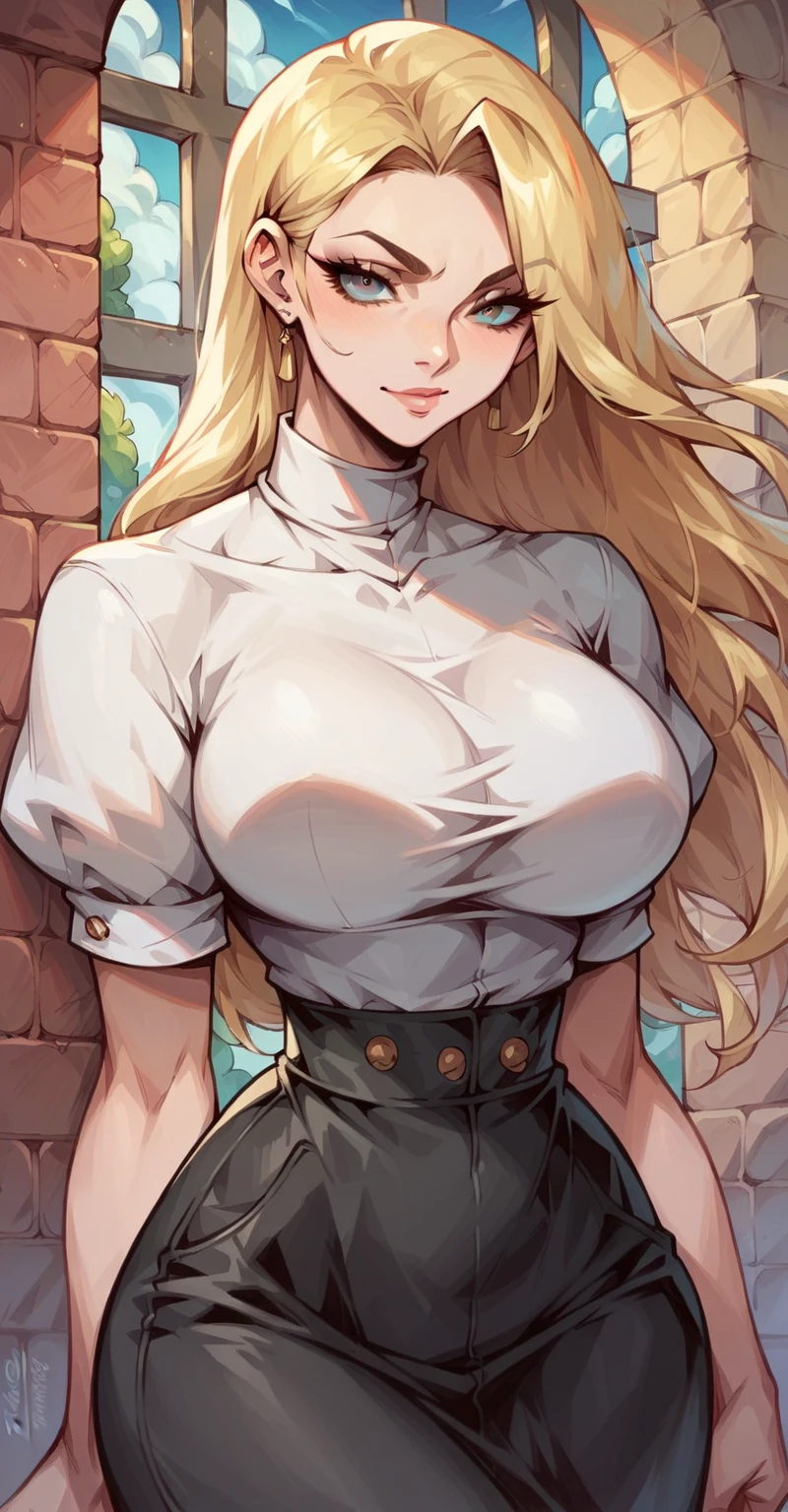 High resolution, Very detailed, perfect lighting, beautiful detailed eyes, ((masterpiece,Best Quality)), absurdities, alone, princess zelda, by the width, crown braid, Hair clip, pointy ears, rode well, long sleeves, Gloves without fingers, black gloves, Black pants, tight pants, smile, curves, nod, , deep neckline, deep neckline , rode well, in front of the camera, in front of the camera, touching her breasts in a sexy way, touching her breasts in a sexy way, long hair with fringe, long hair with fringe