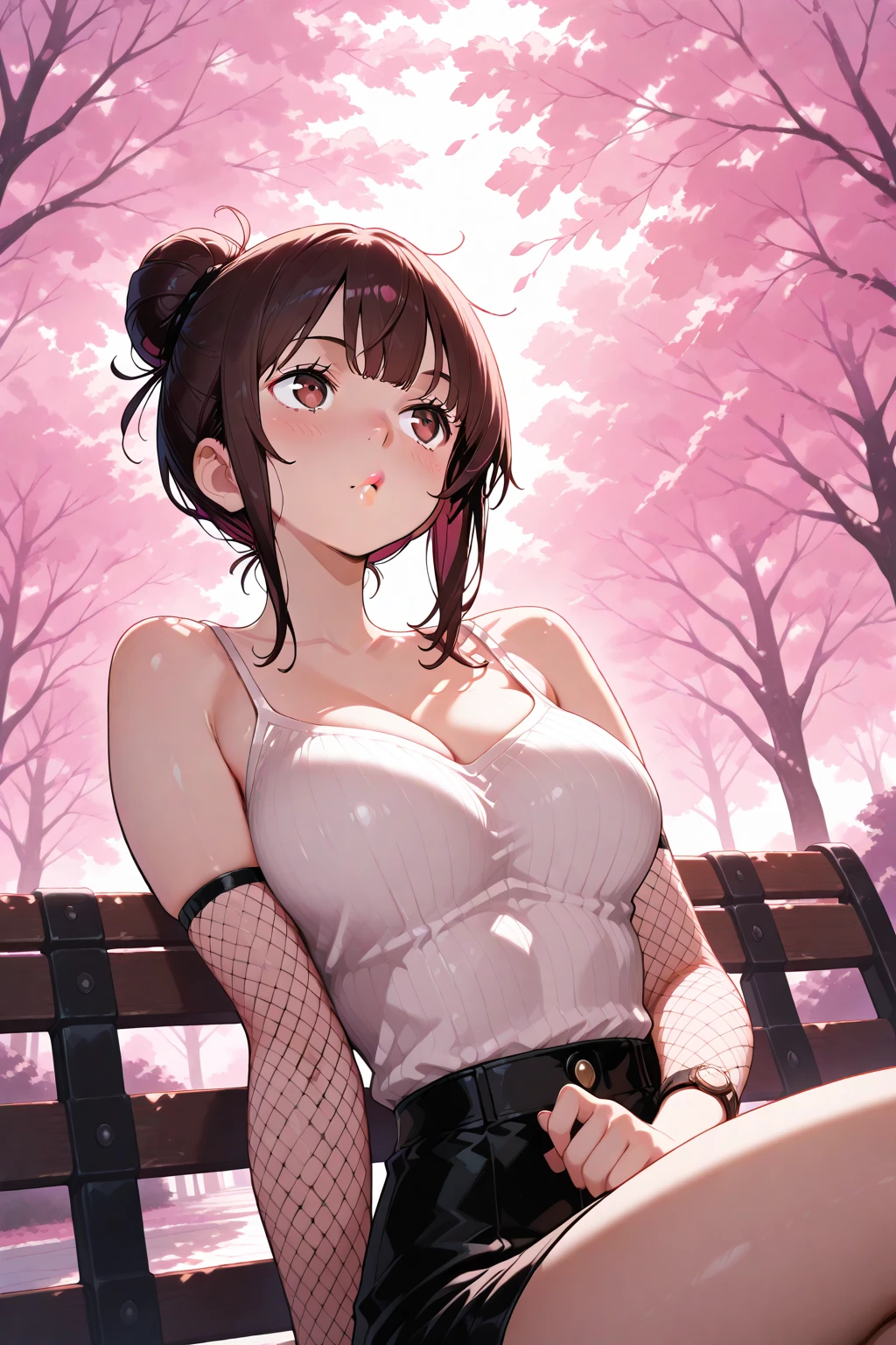 (masterpiece、highest quality、High resolution、realistic pictures、real looking skin:1.1)、
(A woman is squatting with her knees and thighs together.:1.9)、
(A woman's body is mine々facing directly in front of:1.8)、
(glimpse of panties:1.8)、
(she has a grin on her face:1.5)、
(She is wearing a light blue sleeveless T-shirt.:1.8)、
(She is wearing a brown pleated miniskirt:1.8)、
(She is wearing brown mid-length boots.:1.8)、
(She doesn't wear knee-high stockings because it's too hot.:2.0)、
(She also doesn't wear knee-high socks because it's hot.:2.0)、
(The panties are cool colors and bright patterns.:1.5)、
(short hair:1.5)、
(small face:1.5)、
(Her breasts are D cup so you can almost see her cleavage.:1.5)、
(The location is a park lined with cherry blossom trees where the wind blows.:1.5)、
1 Japanese girl、solo、full body esbian、beautiful eyes、shining eyes、Shining thighs、NSFW