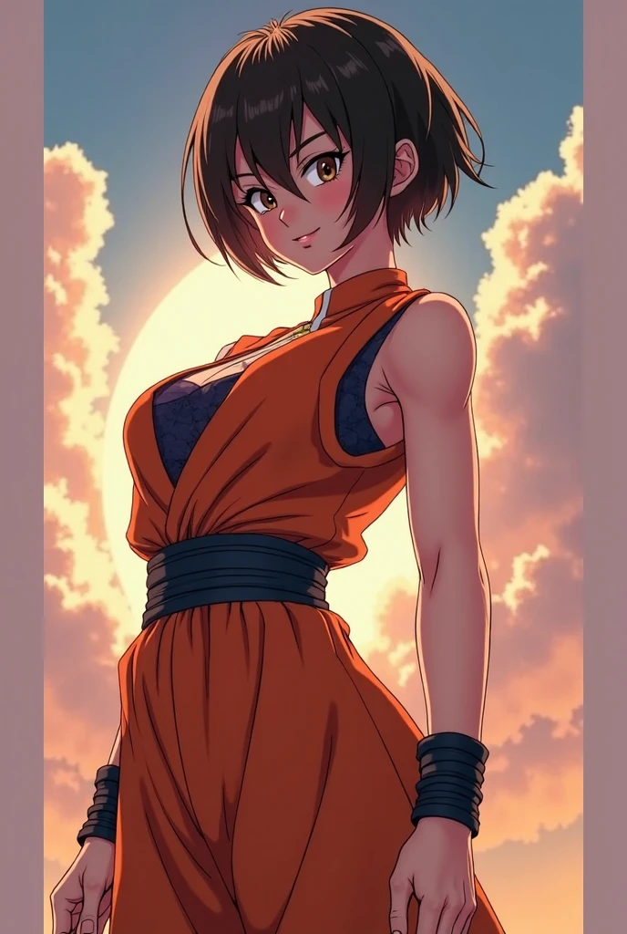 masterpiece, Highest quality, DQ Bianca, Single Blade, Earrings, choker, Black Hair, Orange Cape, Green Dress, belt, slouch, squat, View your viewers, Small breasts, Upper Body, From the side, smile, fist