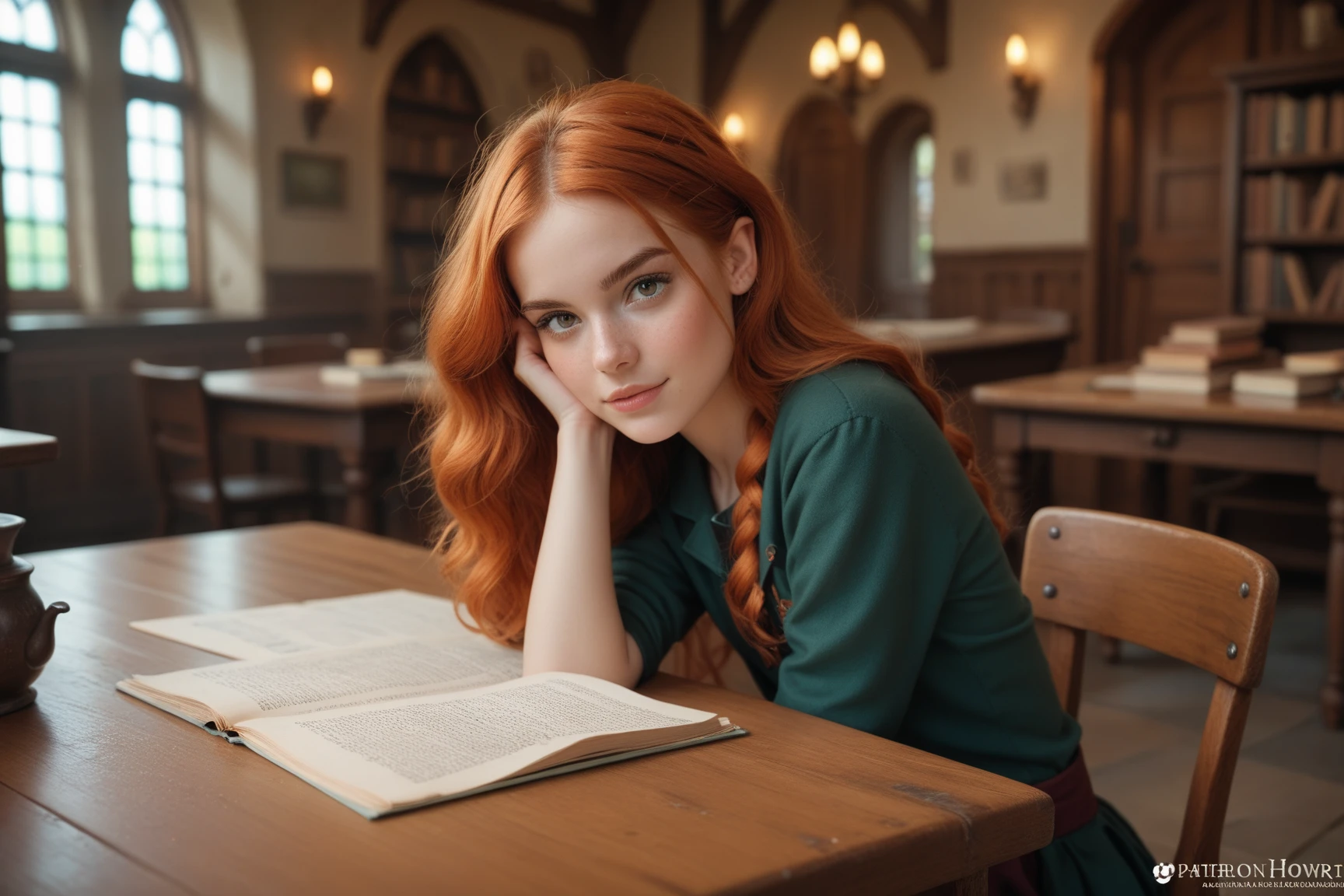 A pretty young, flat-chested redhead Hogwarts student is sitting at a table in the Great Hall, looking alluringly at the viewer. 