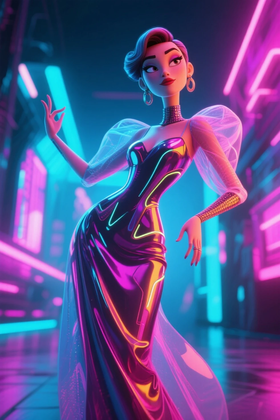 <lora:Neon_Cyberpunk_Impressionism_IL:1.2> mad-cybrpnkimprss, woman wearing a dress, crowded club, dancing, cinematic shot, dynamic pose, (masterpiece:1.2), best quality