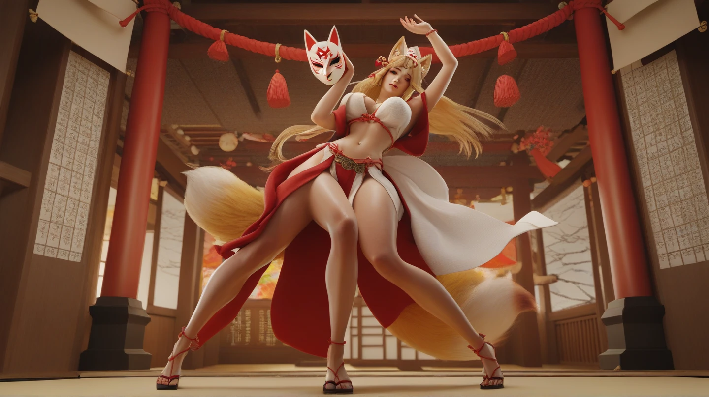 {extremely delicate and beautiful girl}, 8K Wallpaper, {{{masutepiece}}},Red Eyes,White hair,Long hair,(Bursting breasts:1.1),(skinny:1.3),Big ass,Open kimono,(Fox Girl:1.4),(Beautiful detailed breasts),(Huge breasts),(((full body))) , (((sexy pose, model pose, standing pose)))