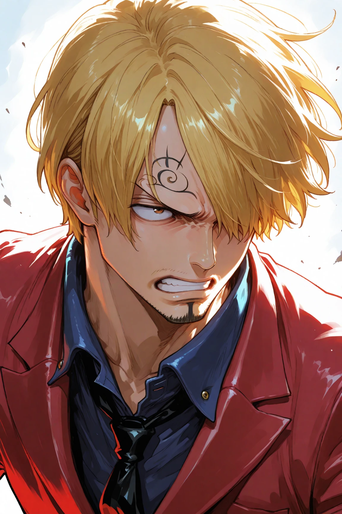 1boy, Sanji, from One Piece, center, smirk, black suit, red tie, yellow hair, cigarette in mouth, blur background, masterpiece, best quality, very aesthetic, absurdres, ((medium quality)), ((medium quality))