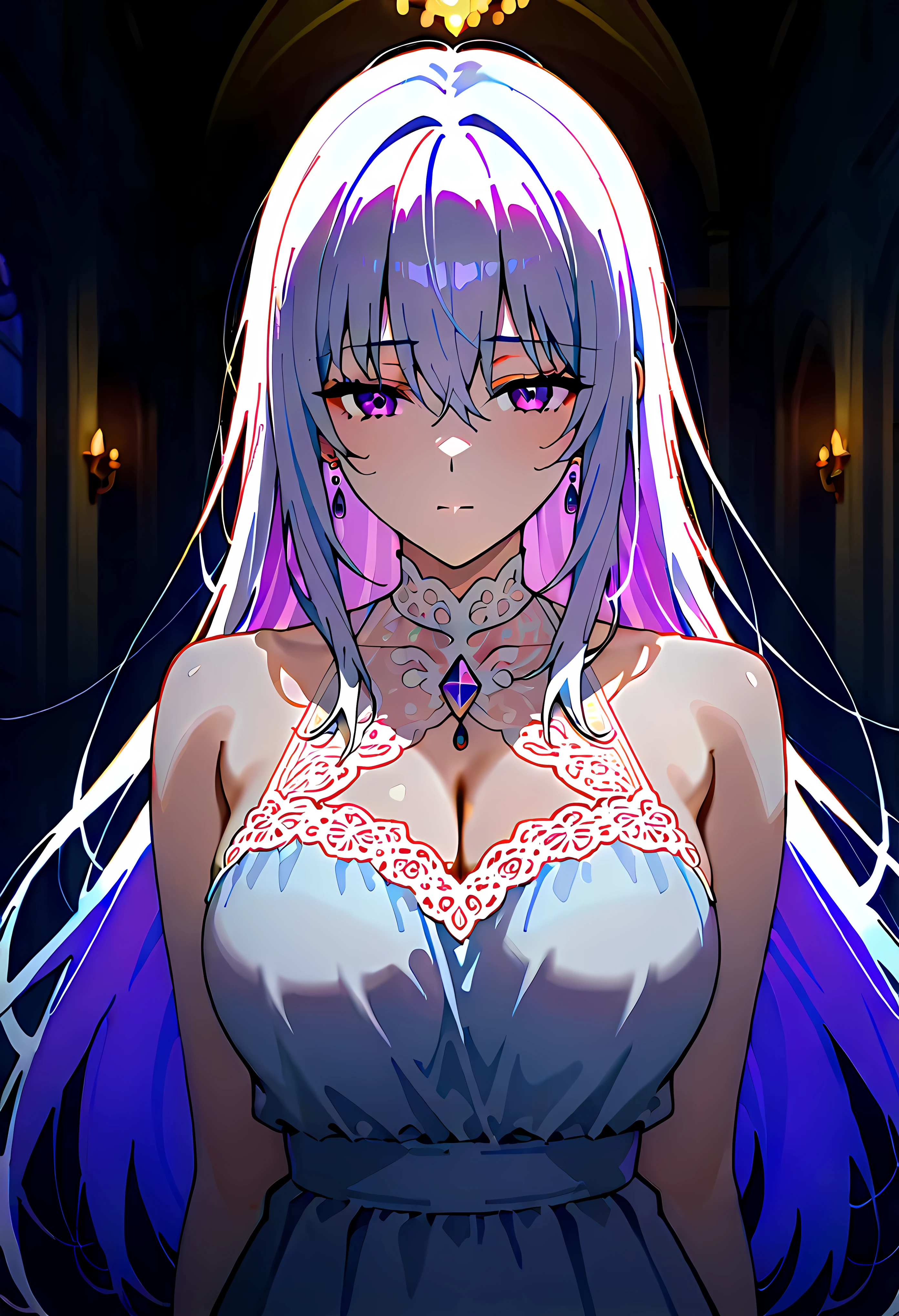 A ghost girl with ethereal, flowing lavender hair that seems to shimmer in the dim ambient lighting of an old, abandoned mansion. Her translucent skin gives her an otherworldly appearance, and her large, melancholic eyes seem to hold ancient secrets. She is wearing a faded, antique white dress that appears slightly tattered, with delicate lace trimming. Her presence feels both melancholic and captivating. The scene is captured in a cinematic shot, with a slightly blurred background emphasizing the girl's otherworldly presence. Her form is slightly translucent, suggesting she exists between realms, and her expression hints at a sense of longing.