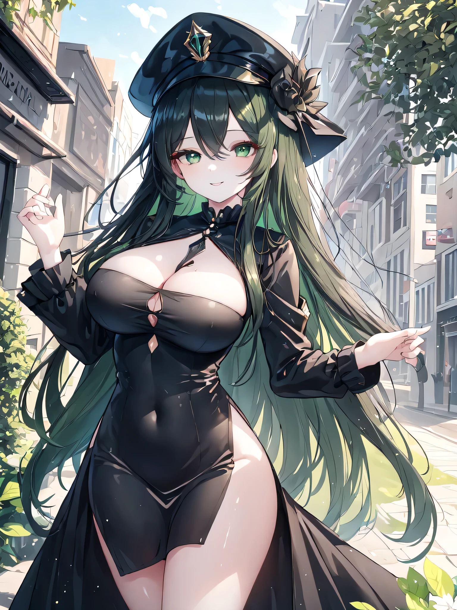 Garota delicious, long green hair, skin black, linda, very beautiful, muito delicious, very big big breasts, delicious, sexly, muito sexly, hentai ahegao, giant black coat, short black denim shorts, glasses, big black gloves, delicious, complete body.