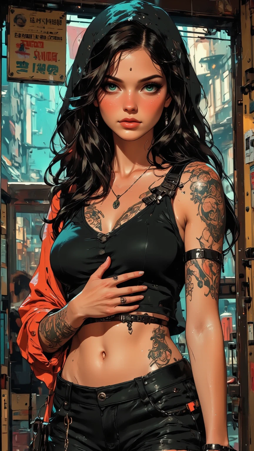 (very detailed background:1.0), (very detailed background:1.0), (Masterpiece), High quality, 1fille, femme,tanned skin,dark skinned , tatouage, Irezumi, profondeur de champ, dinamic lighting, high quality shadows, feminine, plunging neckline, rideaux de poitrine, revealing clothes, , Robe blanche, reze, cheveux violets