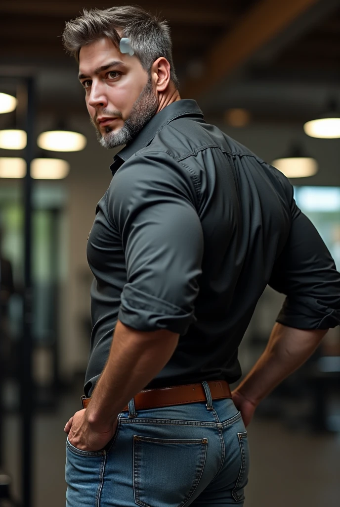 An illustration of Batman, a Greek god with a muscular build and a short, neat beard............., nalgon, designed in modern western attire.............  El escenario es una ciudad cosmopolita............, evoking a classic cold atmosphere, sin dejar de mantener el aura poderosa y regia del dios.  backside jeans
