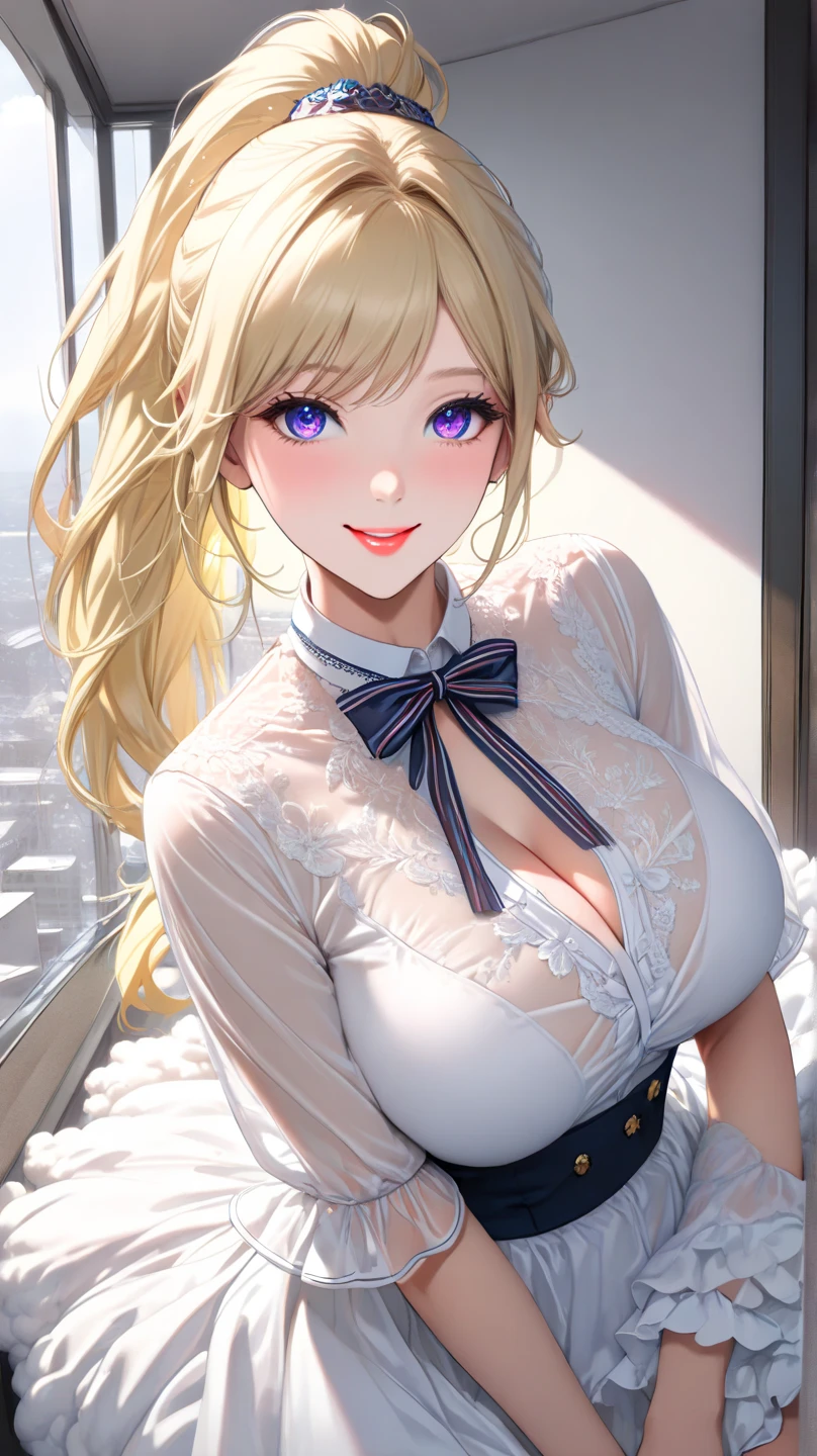 ((Best Quality, 8K, Masterpiece: 1.3)), Girl, Beautiful Woman (Long Hair, Large: 1.3), Height 151cm, Blonde, Super Delicate Face, Detailed Eyes, Double Eyelids, Blue Eyes, Smile, Perfect Face, gorgeous, blonde, 23 years old, beautiful, long hair, fine, big breasts (G cup), clothes (winter clothes),