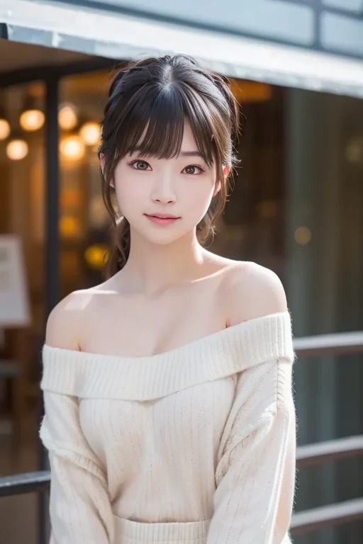 (masterpiece:1.5)、(Realistic:1.5)、(highest quality:1.4、8k、RAW Photos）、 Ultra-high resolution、Professional Lighting、Perfect dynamic composition、Photo shoot at an antique and stylish cafe、 Film Grain、chromatic aberration、(Bokeh:1.3)、 Frank、Sophisticated、charm、超Realistic、High detail、(Golden Ratio、Anatomically correct:1.2)、 (1 girl)、Slender girl、Large Breasts、繊細でcharm女の子、Cute Woman:1.4、 Bright smile、Looking at the audience、(Off-the-shoulder knit:1.4)、(skirt)、（Light brown hair、Shiny Hair、Side Tail:1.4)、 Realistic looking skin、Fine Eyes、double eyelid、Thin arms、