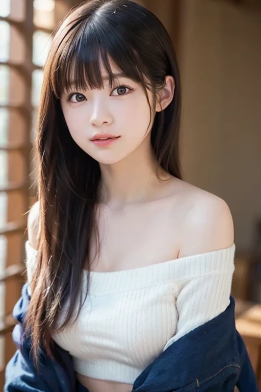 (Masterpieces , Best Quality :1.4),(realistic , photo-realistic:1.4):8K, 10yaers old, , Raw photo, absurderes, award winning portrait,( extremely detailed face and eyes:1:0),shiny skin,Smile, Solo, Idol face, Delicate girl, Upper body, Digital SLR, , Candid, Sophisticated, Thin arms, Professional Lighting, Film grain, chromatic abberation, , (Bokeh:1.1) , Distant view Abandoned house , closes mouth ,( sweater:1.2 ), A dark-haired , tiny chest, (Spacious cafe with high ceilings and large windows, flooded with natural light)