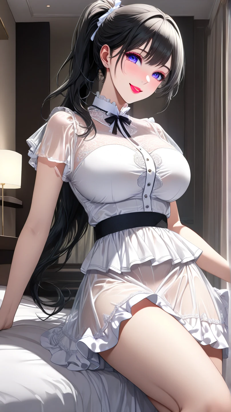 (A sheer white mini dress),Big Breasts,See-through,sexy,Black Hair,Lace garter stockings