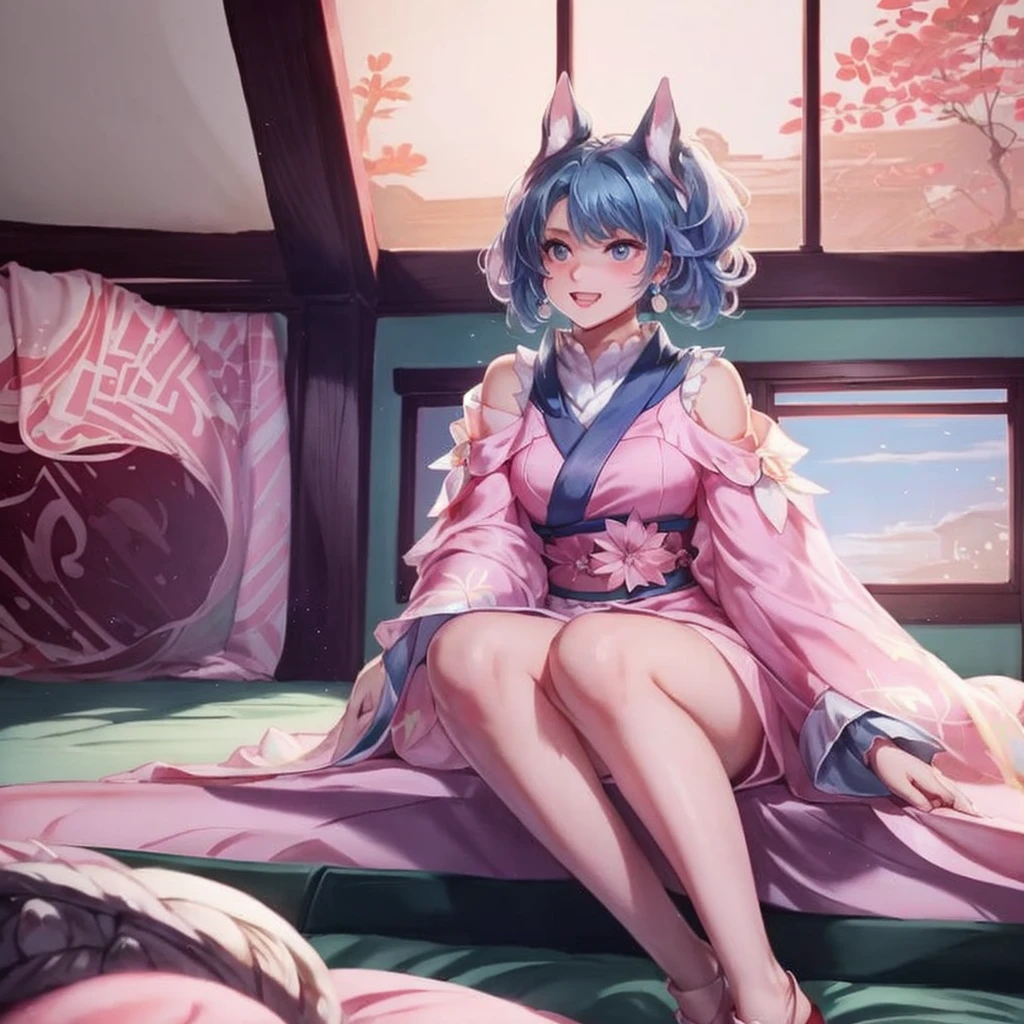 Furry, furry kemono, fox female furry, chubby, pink coloured hair, light blue coloured body fur, gold coloured tail, fluffy light blue coloured ear, fluffy gold, pink and light blue coloured big tail, light blue and gold kimono with flower pattern, laying on bed, cute