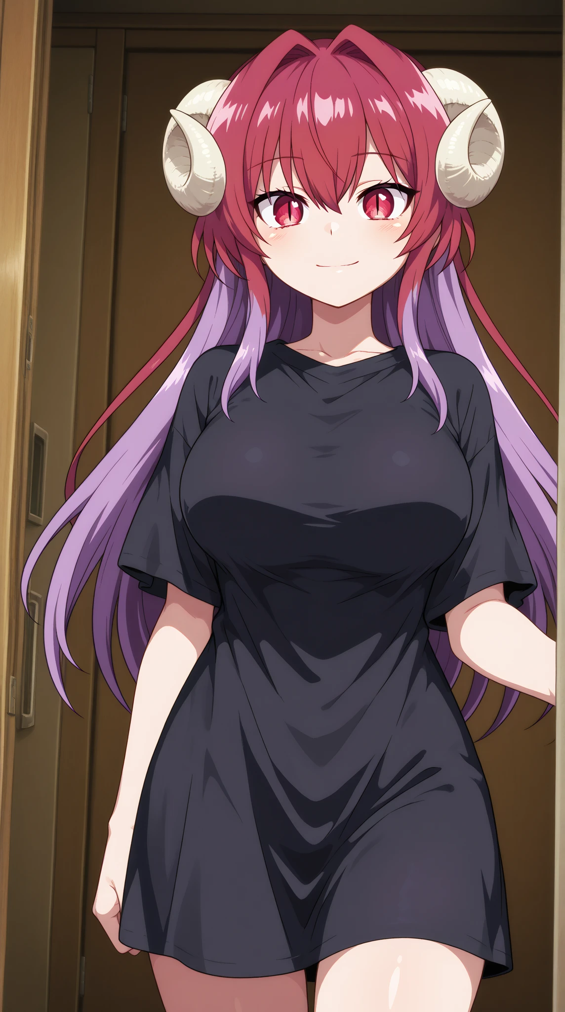 Close up portrait of woman with long purple hair, Brown-eyed woman, Classic Women, huge tit, magical girl anime mahou shojo, had very large breasts, made with anime painter studio, oppai, garments:Black tank top, Female romance, Anime style, Muscular woman, feminine and muscular, tall, appeal, wore a tight skirt, Anime!!!!, rei hino as a princess, Bare shoulders, Bare arms,