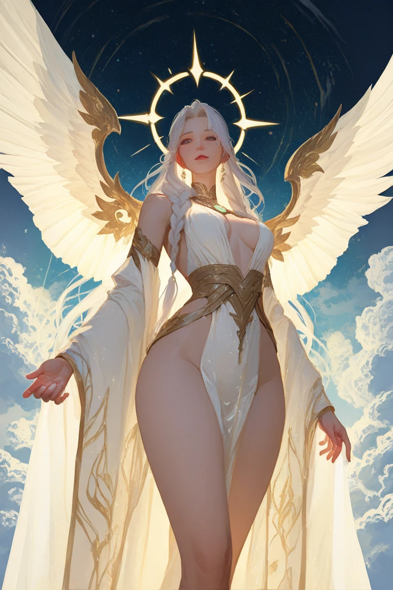 ((colorful dress, colorful theme, clothing, colorful theme, Very bright colors, Light particles)), symmetry, portrait, full body shot, accurate, 16k, highres, best quality, award winning, super detail, anatomically correct, masterpiece, retina, UHD, Ombre, Smile, Cleavage, Pure, High heels, Laces, Glitter, No bra, Offshoulder, Highly detailed facial and skin textures, Detailed eyes, Choker, Full body photoshoot, Full body, Far view, Full body in view, High heels in view, Attractive legs, Sexy legs, Tall legs, Slim figure, Dressed, (photorealistic: 1.4, clear: 1.2, perfect body: 1.4, beauty: 1.4, slim abdomen: 1.2, big breasts: 1.2, fit: 1.5, full-body shot: 1.4, random hairstyles: 1.2),((full body female angel, shining halo over head, extremely bright halo, halo)), 1 angel girl, shining wings, shining halo, exquisite headdress, beautiful female angel, large wings, white hair, white wings, on clouds, beautiful angel, attractive angel, clouds, glowing eyes